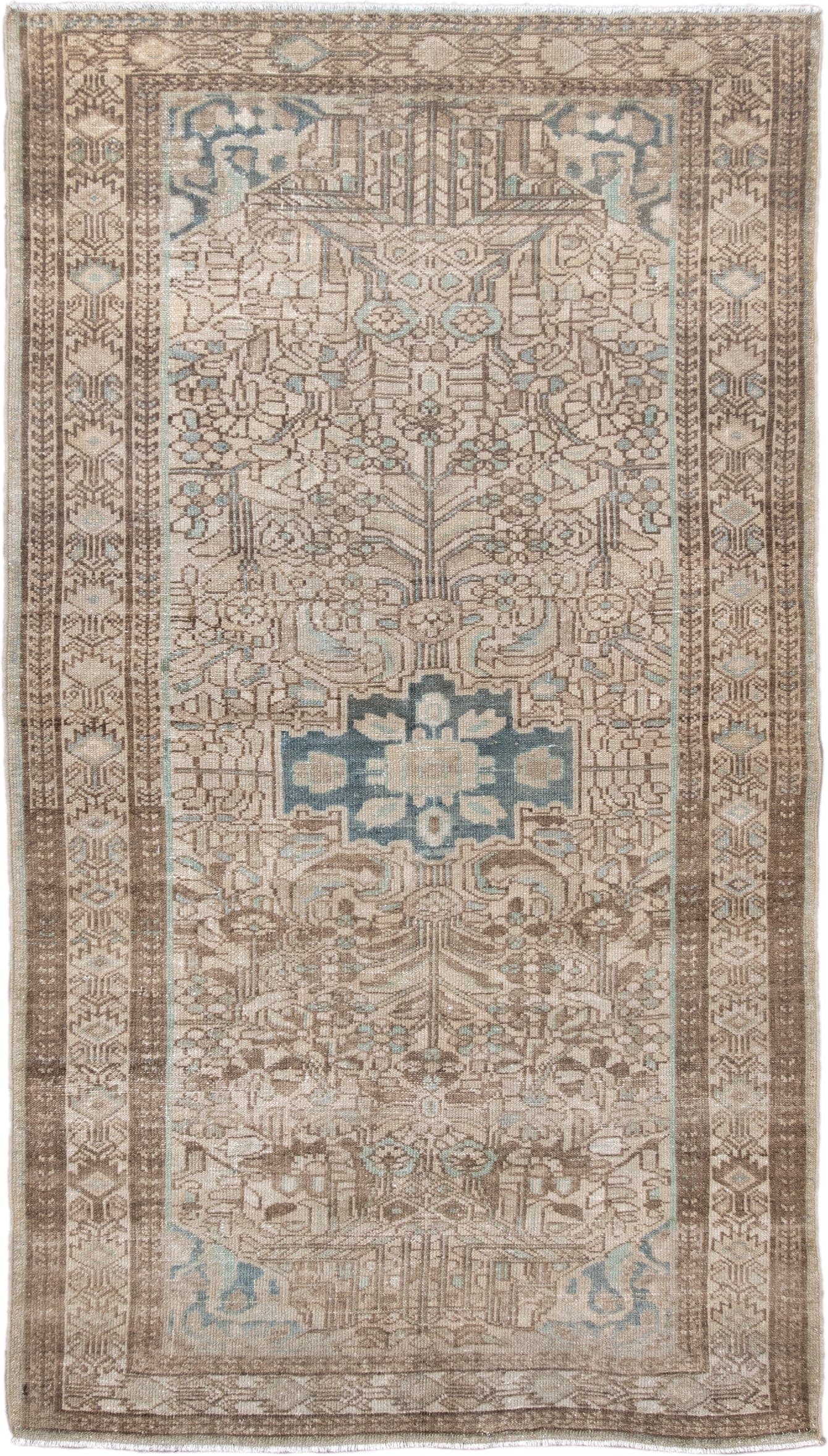 3' x 6' one-of-a-kind handmade antique Malayer small size rug. Color palette: ivory, taupe, brown, sky_blue, beige, gray