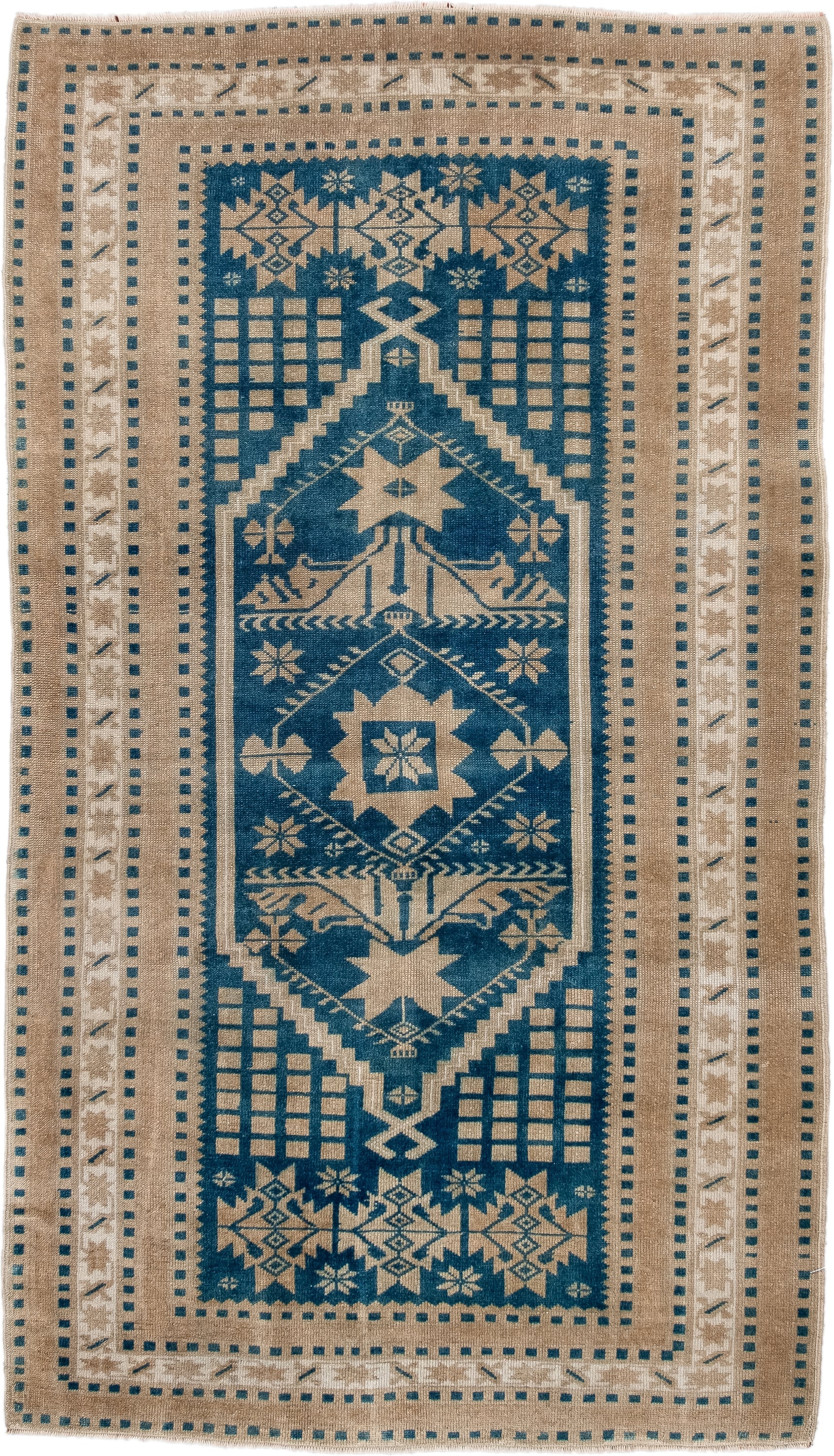 3' x 6' one-of-a-kind handmade antique Anatolian small size rug. Color palette: ivory, teal, camel, beige