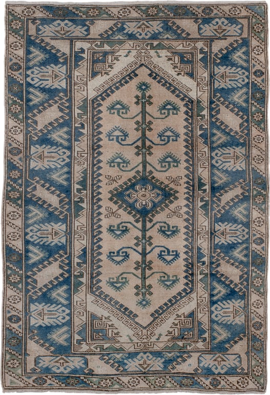 3' x 5' one-of-a-kind handmade antique Oushak small size rug. Color palette: ivory, sky blue, teal, taupe, brown, sage