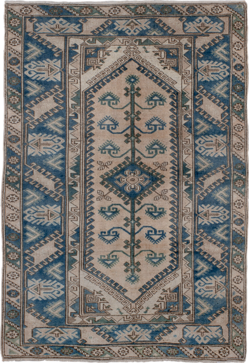 3' x 5' one-of-a-kind handmade vintage Oushak small size rug. Color palette: arapawa, black, blue, brown, charcoal, dim gray