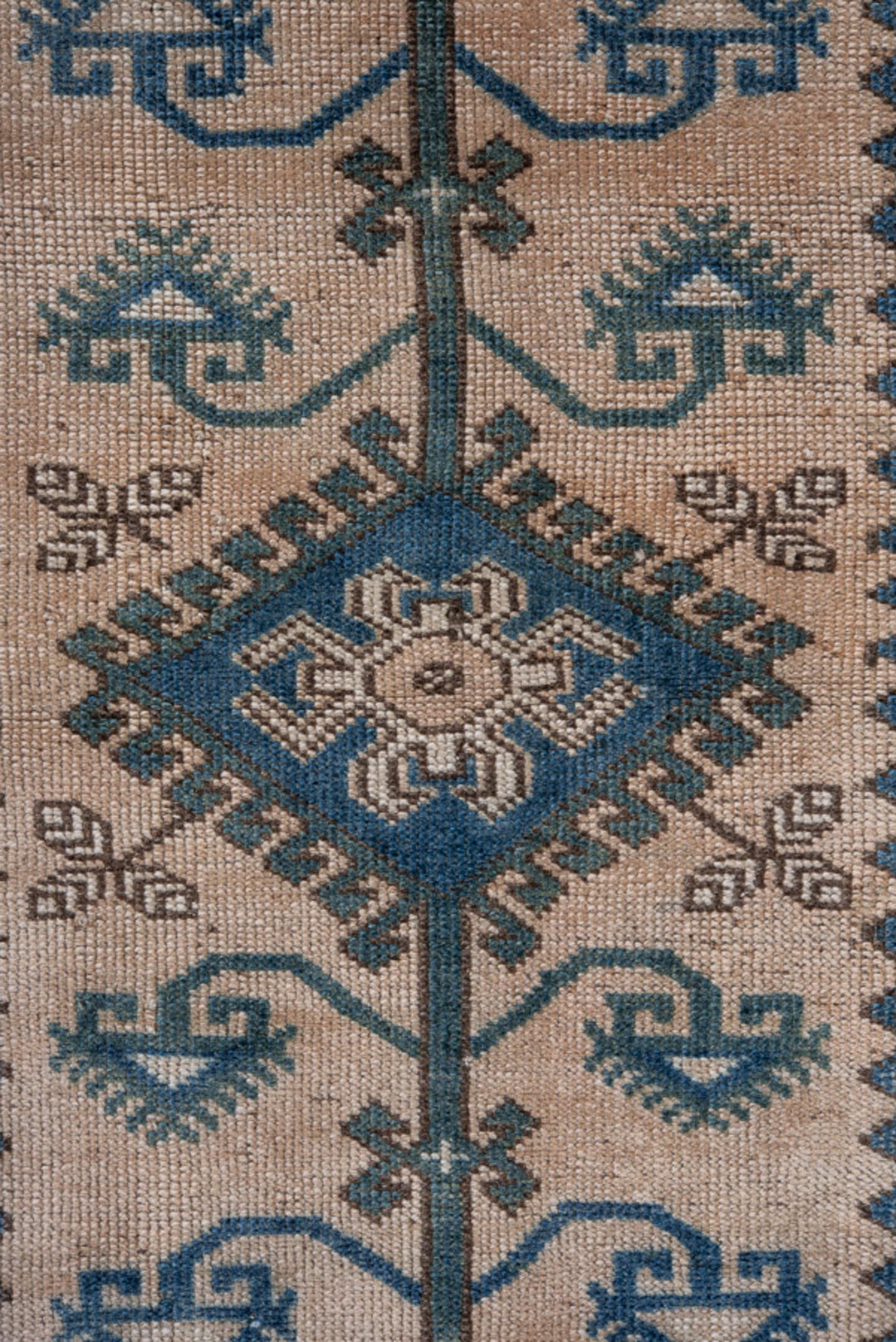 3' x 5' one-of-a-kind handmade antique Oushak small size rug. Color palette: ivory, sky blue, teal, taupe, brown, sage