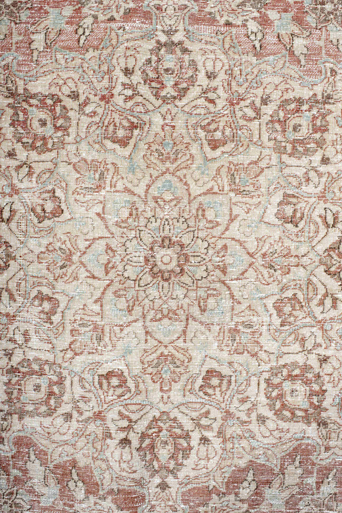 8' x 12' one-of-a-kind handmade antique Kashan large size rug. Color palette: ivory, rose, terra cotta, blush, taupe, sage