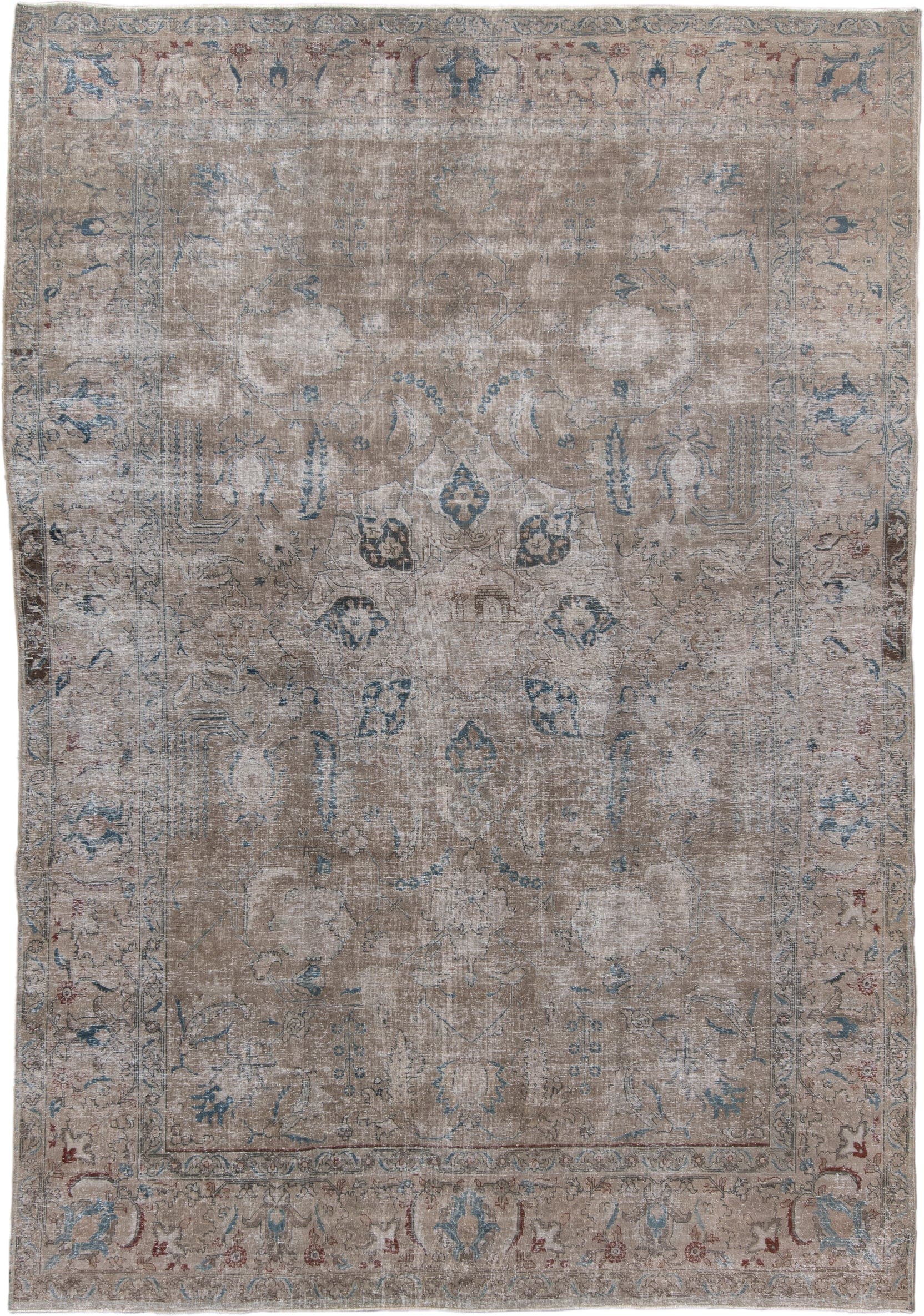 7' x 10' one-of-a-kind handmade vintage Tabriz large size rug. Color palette: taupe, ivory, powder_blue, beige, rose, slate
