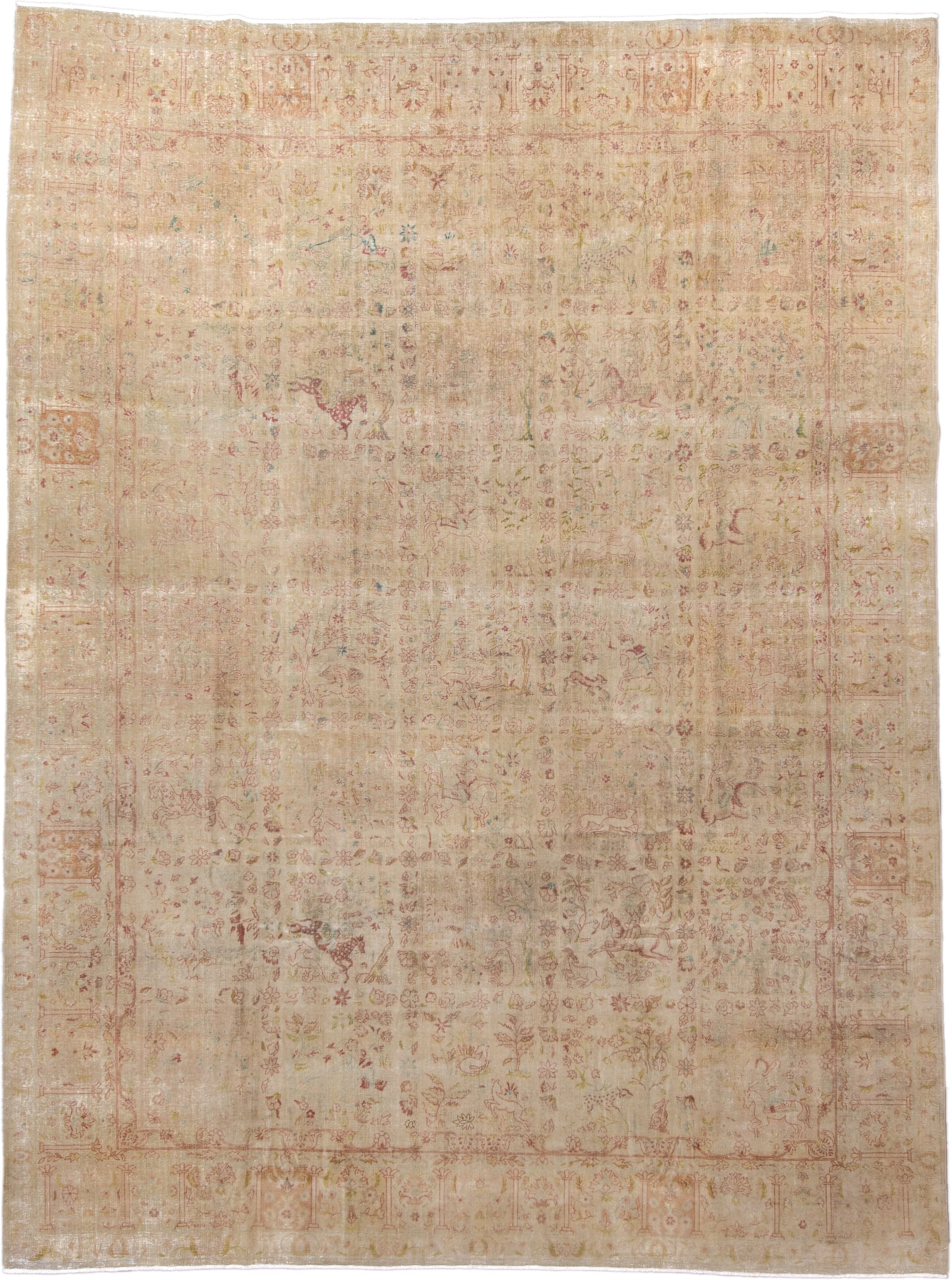9' x 12' one-of-a-kind handmade vintage Tabriz large size rug. Color palette: ivory, blush, rose, sage, taupe, gold, peach