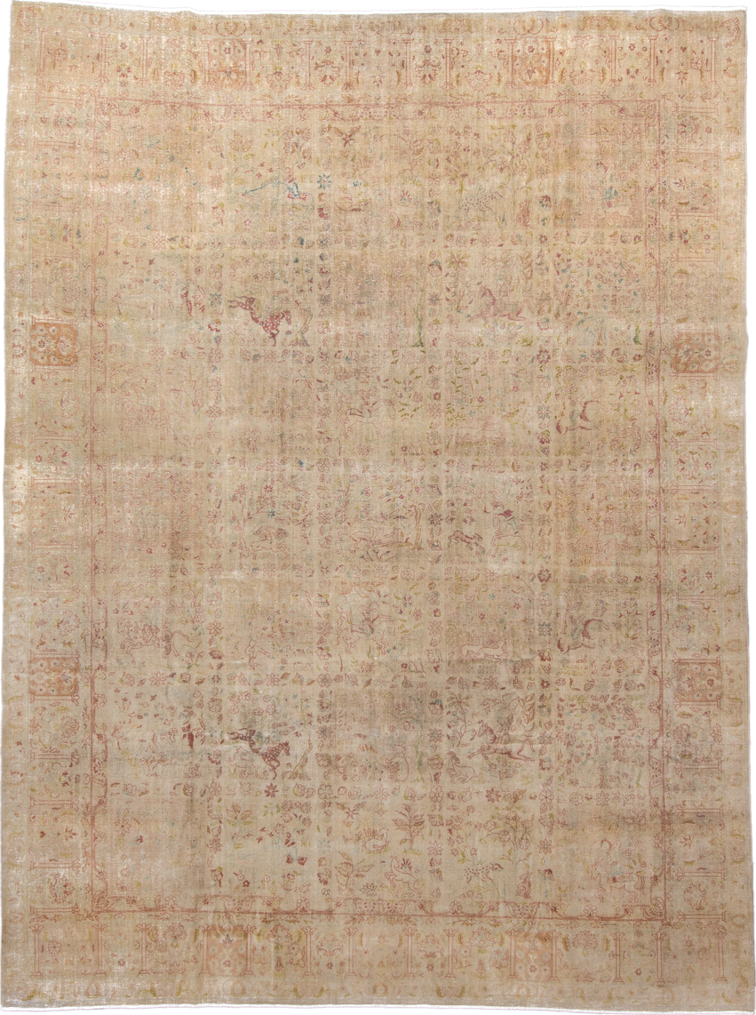 9' x 12' one-of-a-kind handmade vintage Tabriz large size rug. Color palette: ivory, blush, rose, sage, taupe, gold, peach