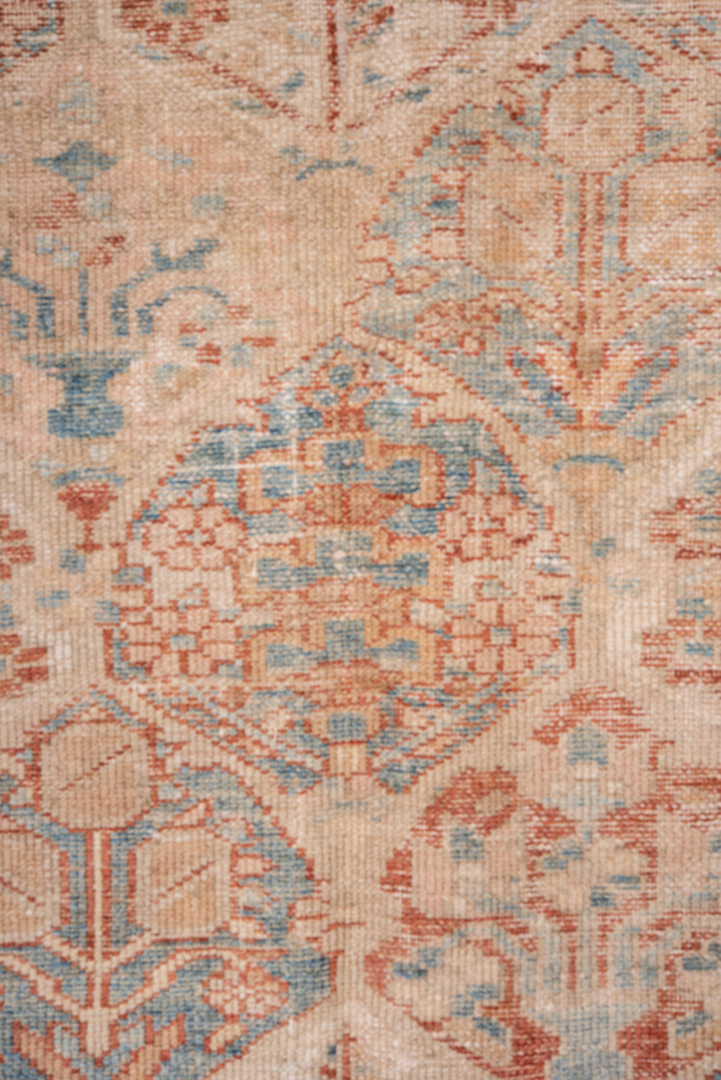 6' x 9' one-of-a-kind handmade antique Baktiary medium size rug. Color palette: ivory, blush, pale blue, rose, taupe, sage