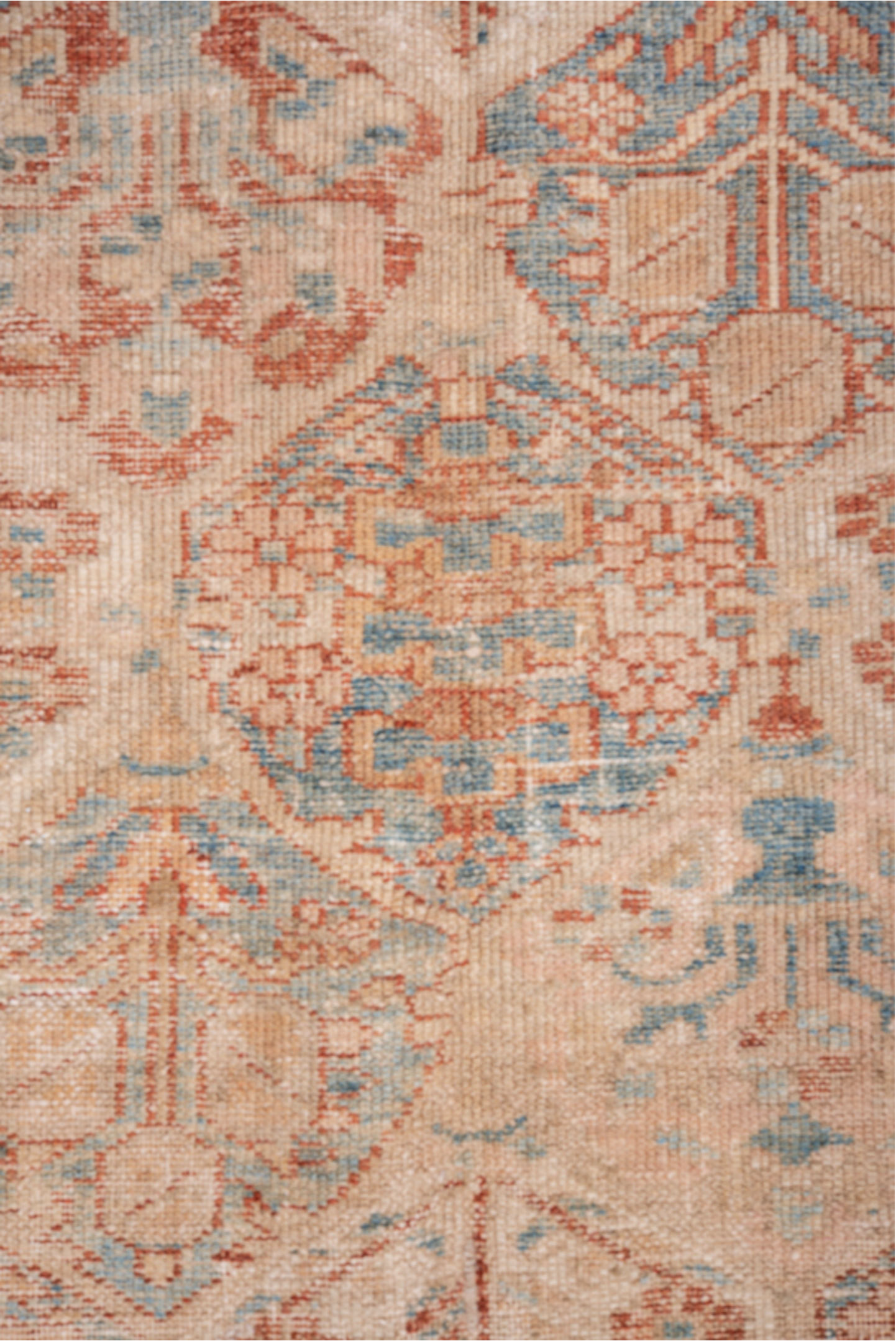 6' x 9' one-of-a-kind handmade antique Baktiary medium size rug. Color palette: ivory, blush, pale blue, rose, taupe, sage