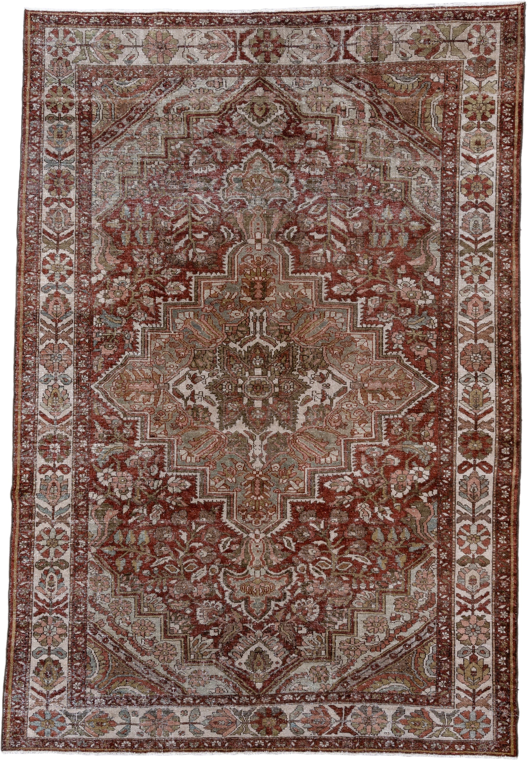 7' x 10' one-of-a-kind handmade antique Baktiary large size rug. Color palette: rust, ivory, taupe, sage, rose, brown, olive
