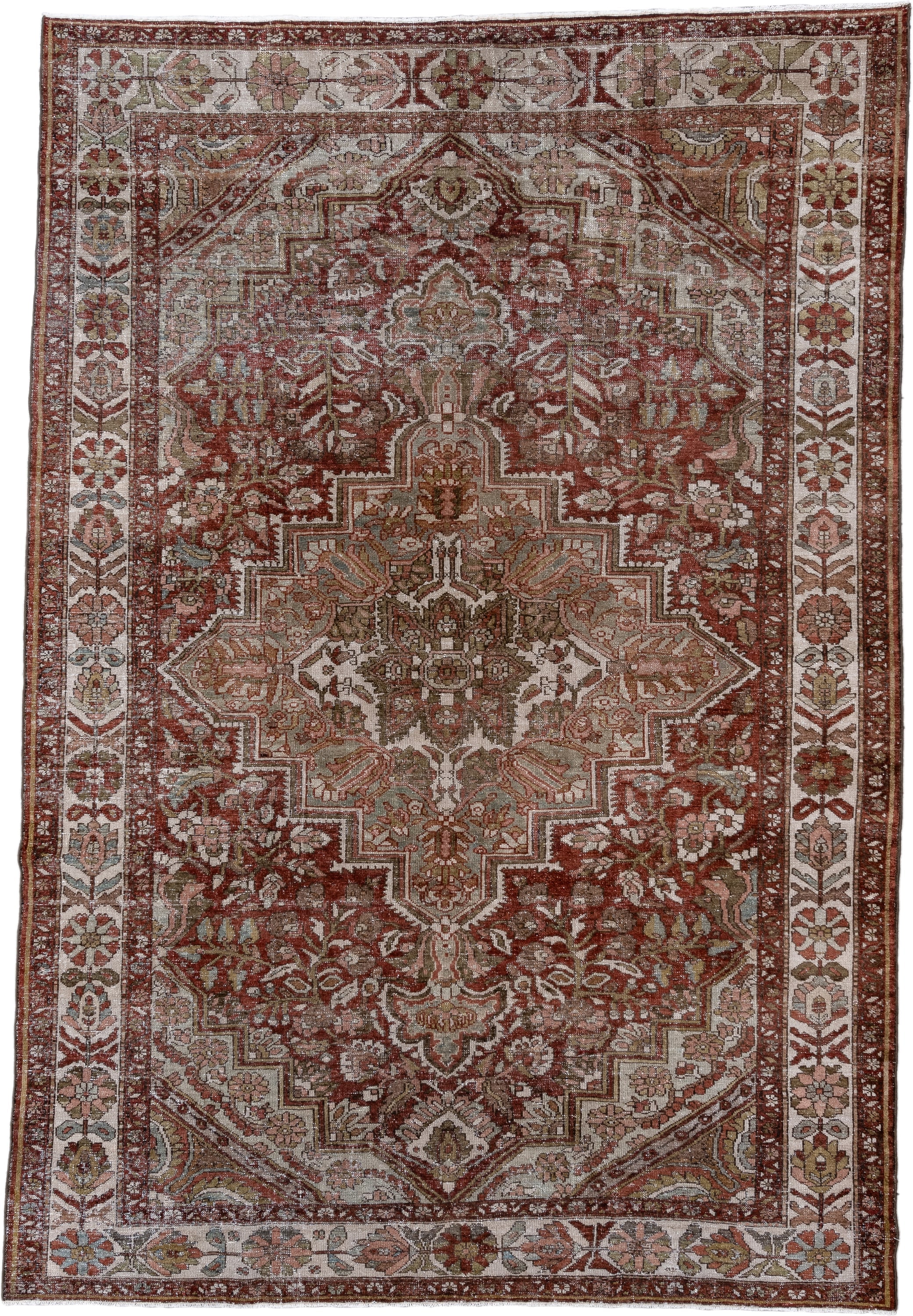 7' x 10' one-of-a-kind handmade antique Baktiary large size rug. Color palette: rust, ivory, taupe, sage, rose, brown, olive