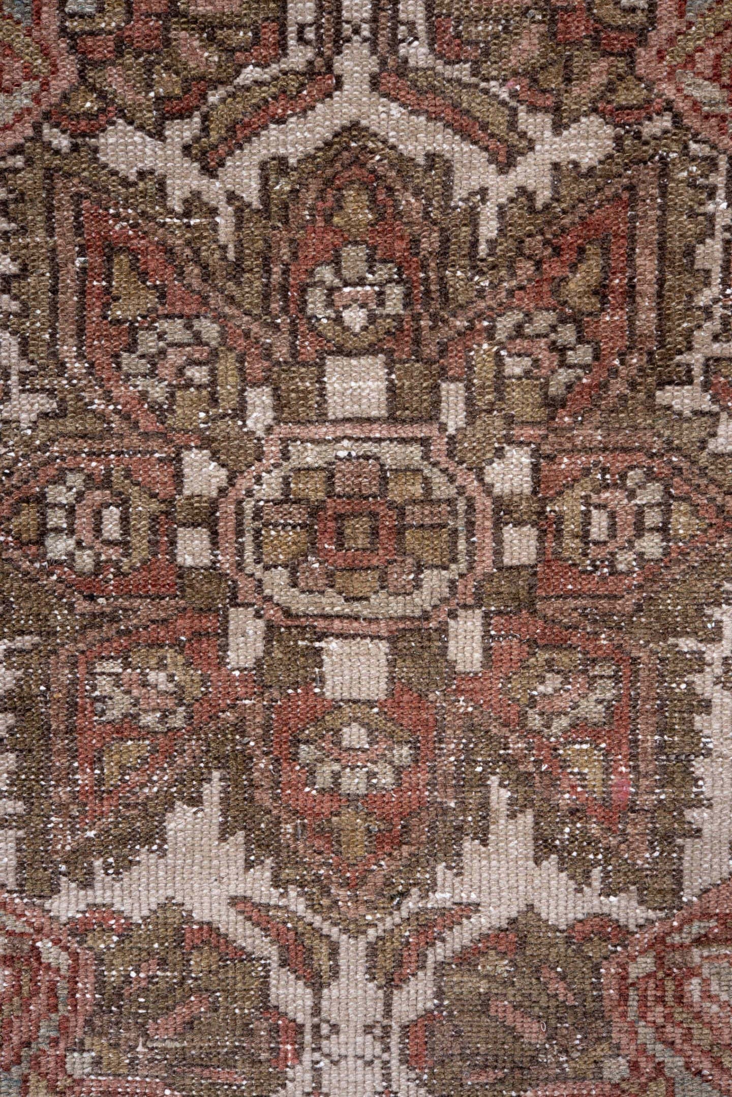 7' x 10' one-of-a-kind handmade antique Baktiary large size rug. Color palette: rust, ivory, taupe, sage, rose, brown, olive