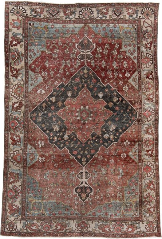 6' x 9' one-of-a-kind handmade vintage Far.Sarouk medium size rug. Color palette: rust, ivory, charcoal, sky_blue