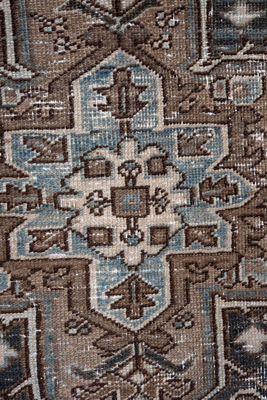 7' x 10' one-of-a-kind handmade antique Heriz large size rug. Color palette: taupe, brown, ivory, slate, charcoal, camel