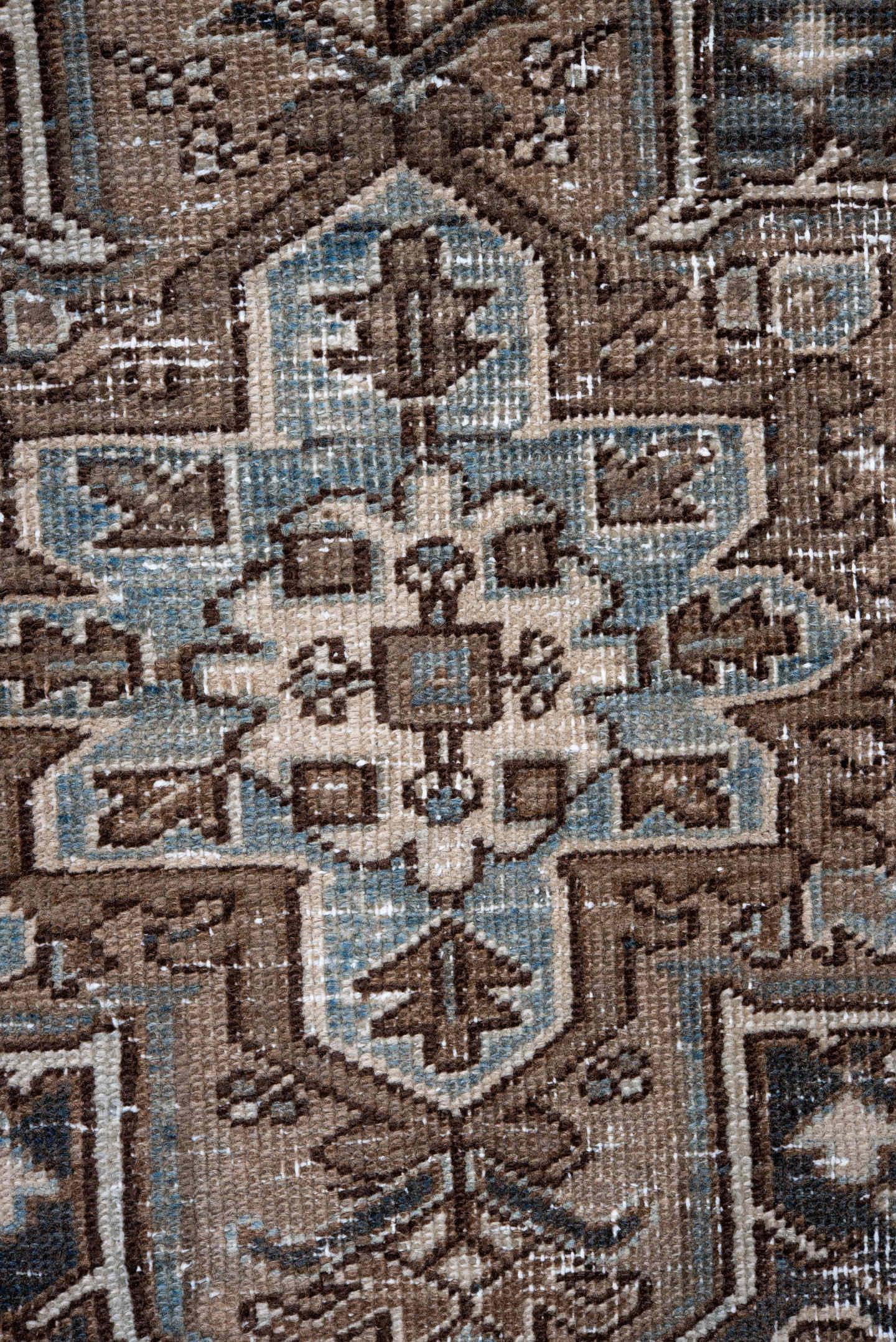 7' x 10' one-of-a-kind handmade antique Heriz large size rug. Color palette: taupe, brown, ivory, slate, charcoal, camel