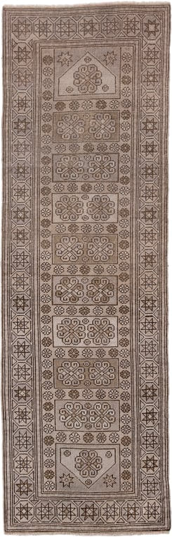 2' x 7' one-of-a-kind handmade antique Oushak runner rug. Color palette: taupe, brown, ivory, camel, beige, gray