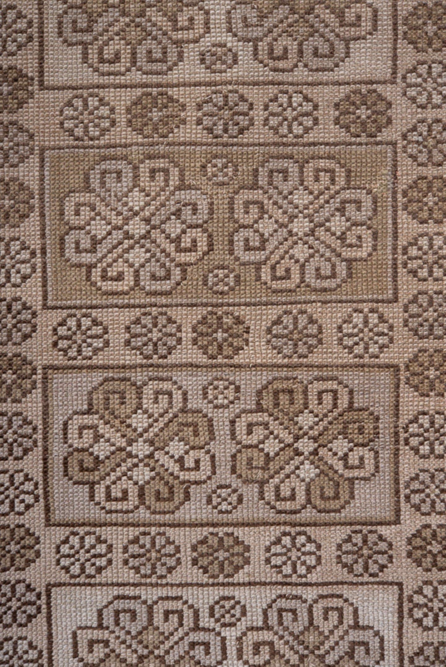 2' x 7' one-of-a-kind handmade antique Oushak runner rug. Color palette: taupe, brown, ivory, camel, beige, gray
