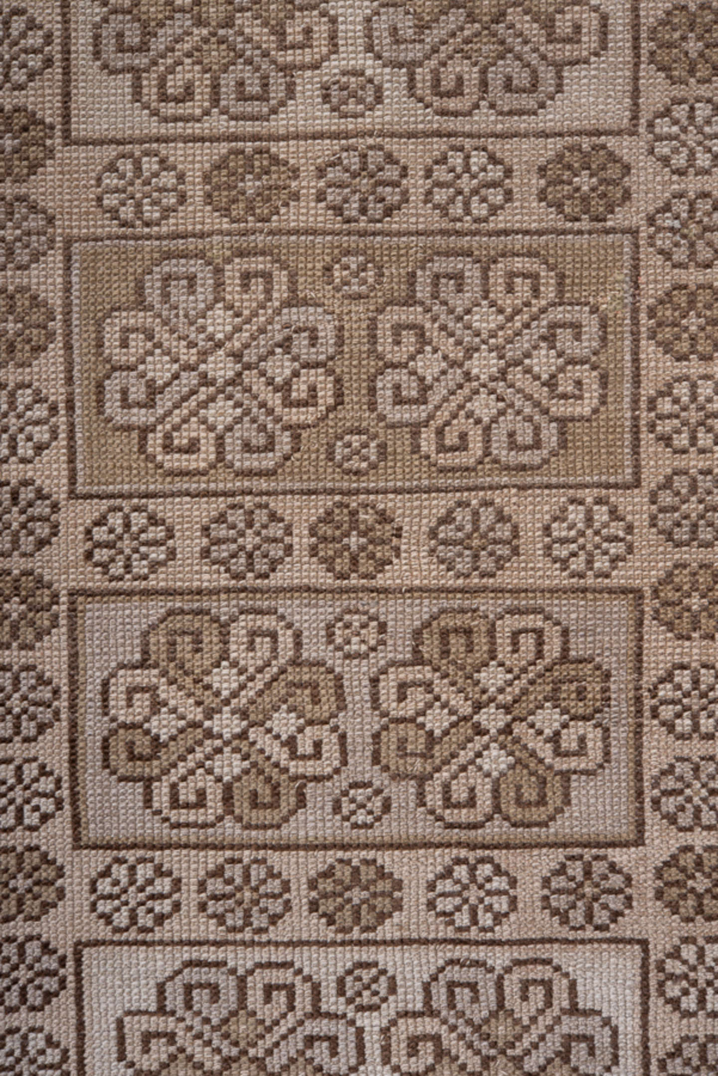 2' x 7' one-of-a-kind handmade antique Oushak runner rug. Color palette: taupe, brown, ivory, camel, beige, gray