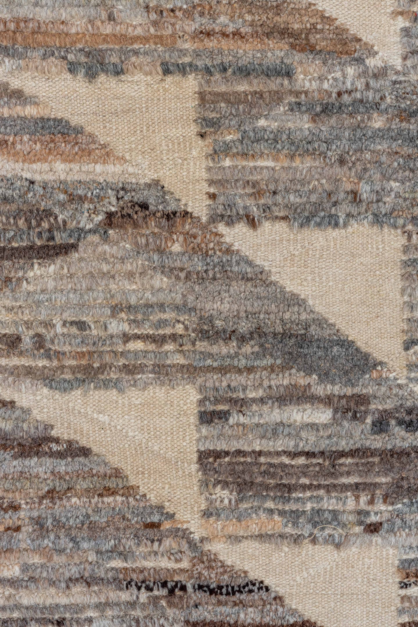 9' x 14' one-of-a-kind handmade vintage Tulu large size rug. Color palette: ivory, slate, taupe, brown, gray, beige