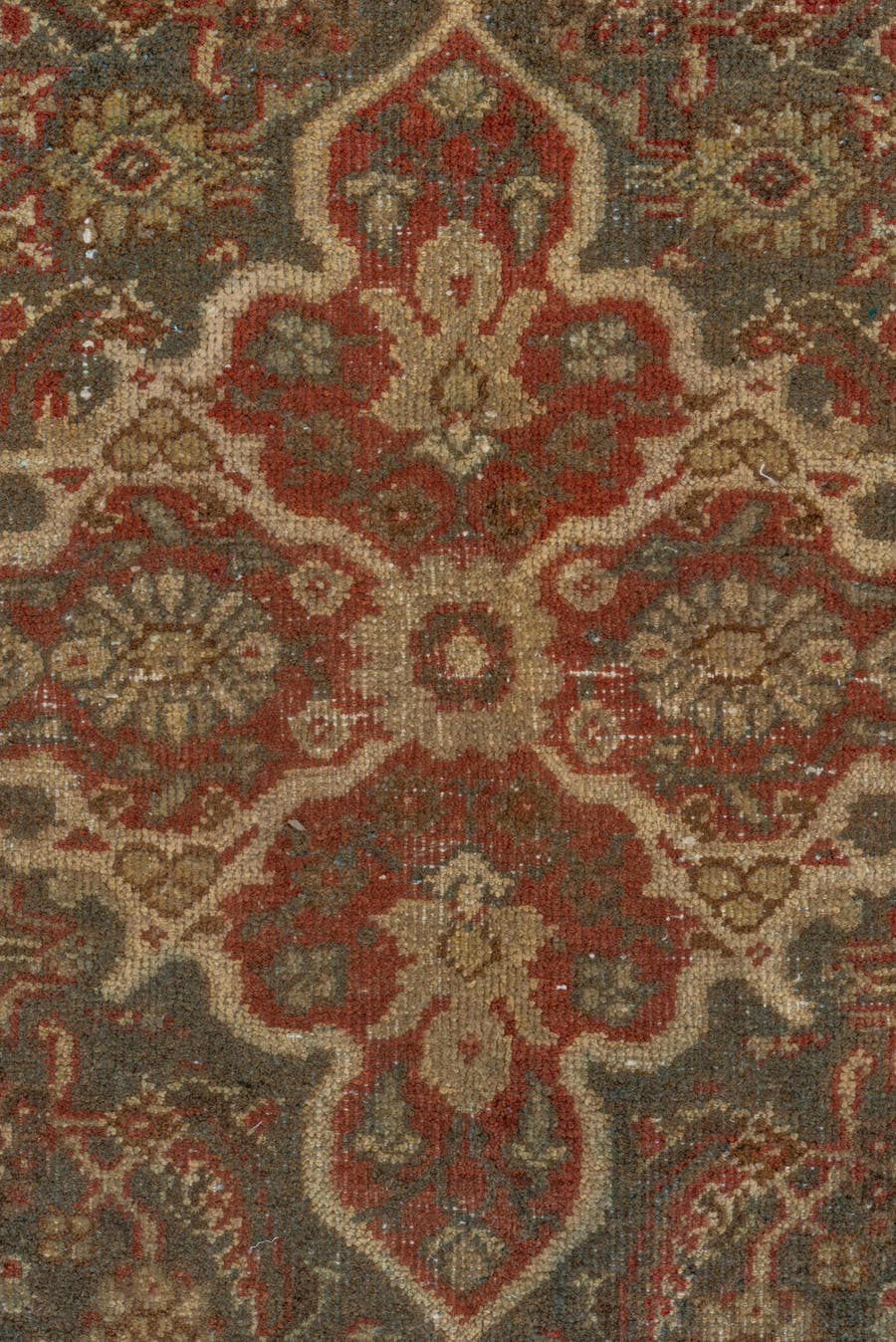 6' x 10' one-of-a-kind handmade antique Mahal large size rug. Color palette: taupe, rust, ivory, slate, brown, sage