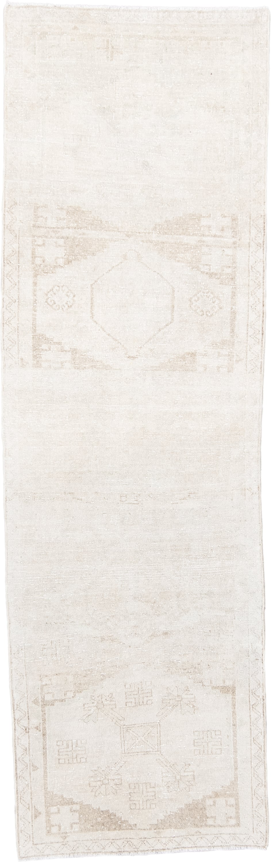 2' x 8' one-of-a-kind handmade antique Anatolian runner rug. Color palette: ivory, cream, beige, taupe, gray