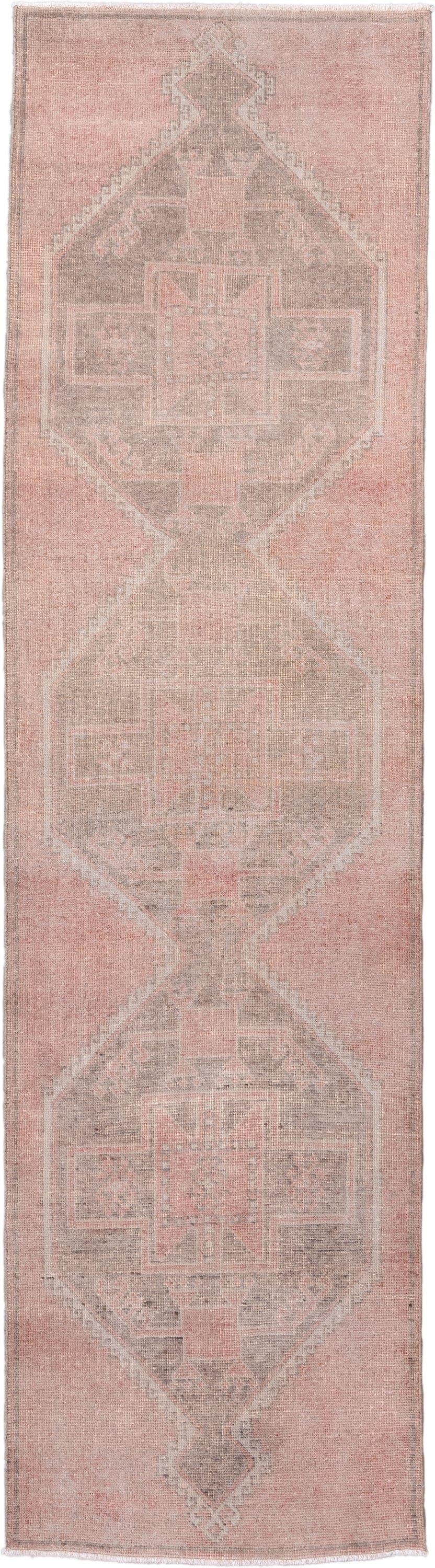 3' x 12' one-of-a-kind handmade antique Anatolian runner rug. Color palette: blush, taupe, ivory, rose, camel, pink, beige