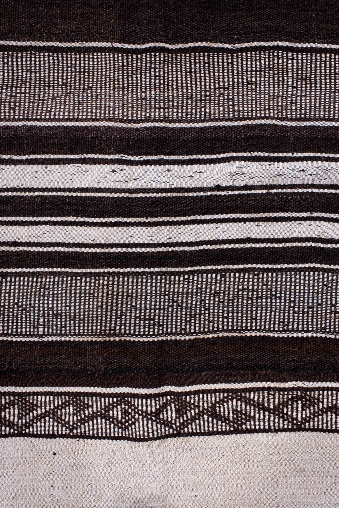 12' x 13' one-of-a-kind handmade antique Flatweave oversize rug. Color palette: ivory, charcoal, brown, taupe, gray, black