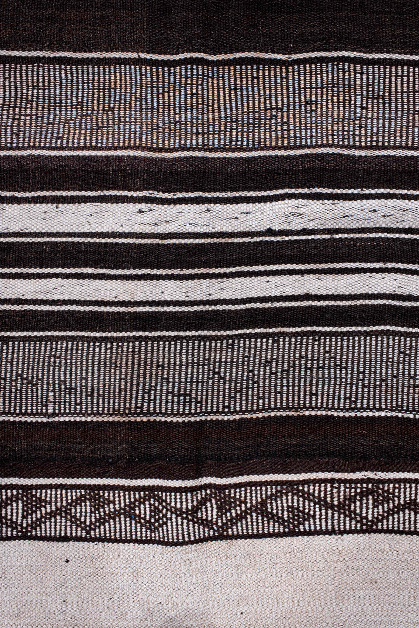 12' x 13' one-of-a-kind handmade antique Flatweave oversize rug. Color palette: ivory, charcoal, brown, taupe, gray, black
