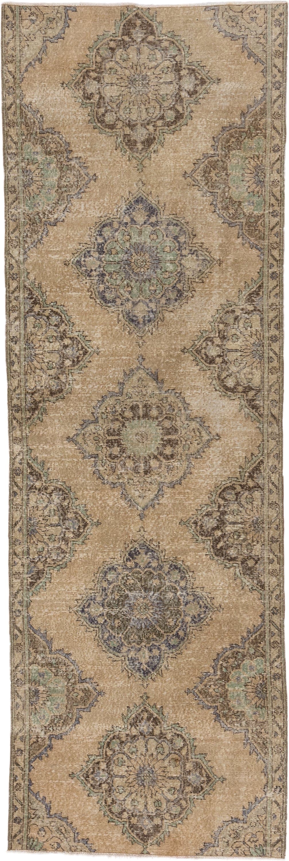 3' x 10' one-of-a-kind handmade vintage Oushak runner rug. Color palette: tan, taupe, slate, sage, brown, ivory, beige, gray