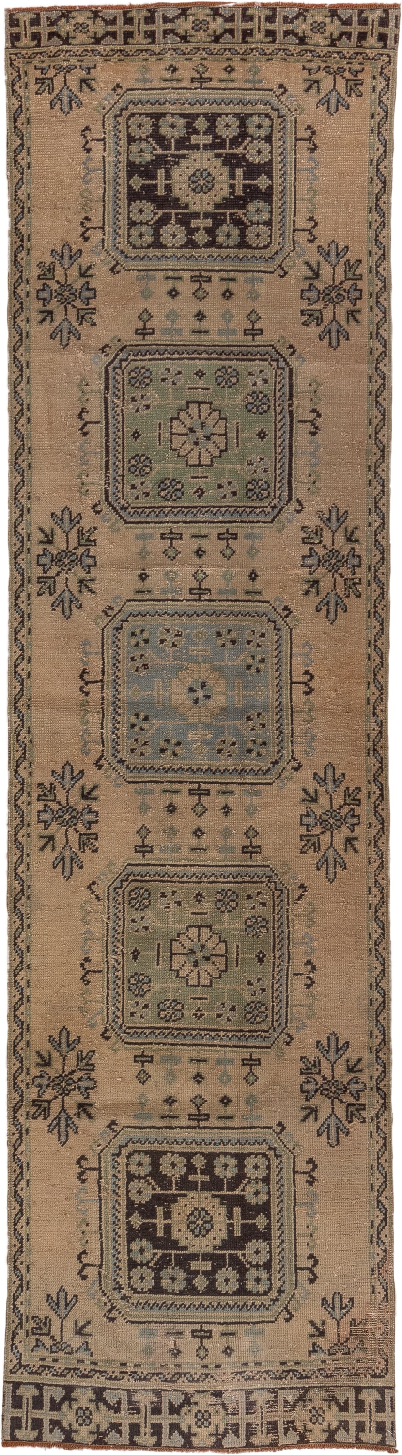 3' x 11' one-of-a-kind handmade vintage Oushak runner rug. Color palette: tan, brown, blue_gray, taupe, ivory, charcoal