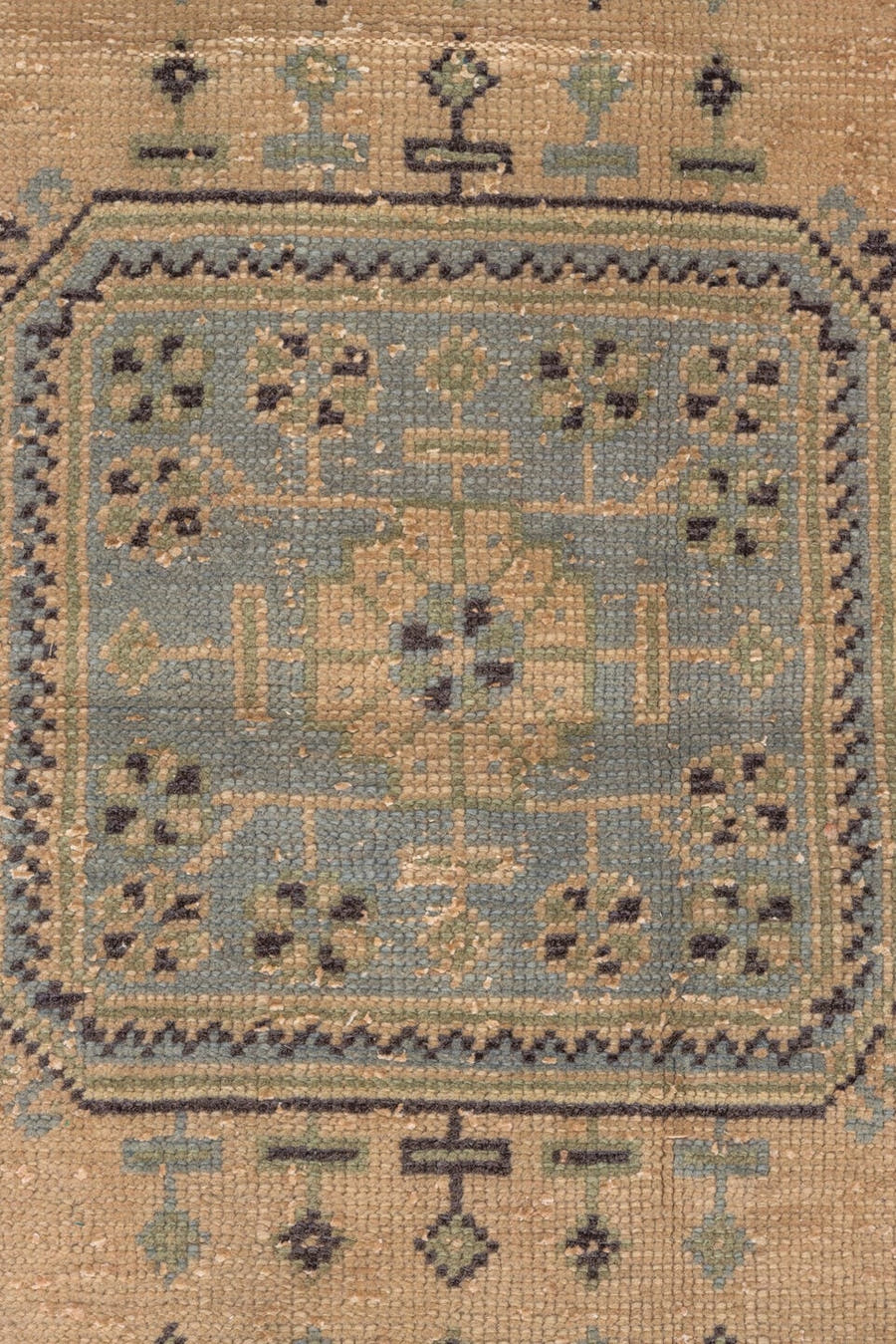 3' x 11' one-of-a-kind handmade vintage Oushak runner rug. Color palette: tan, brown, blue_gray, taupe, ivory, charcoal