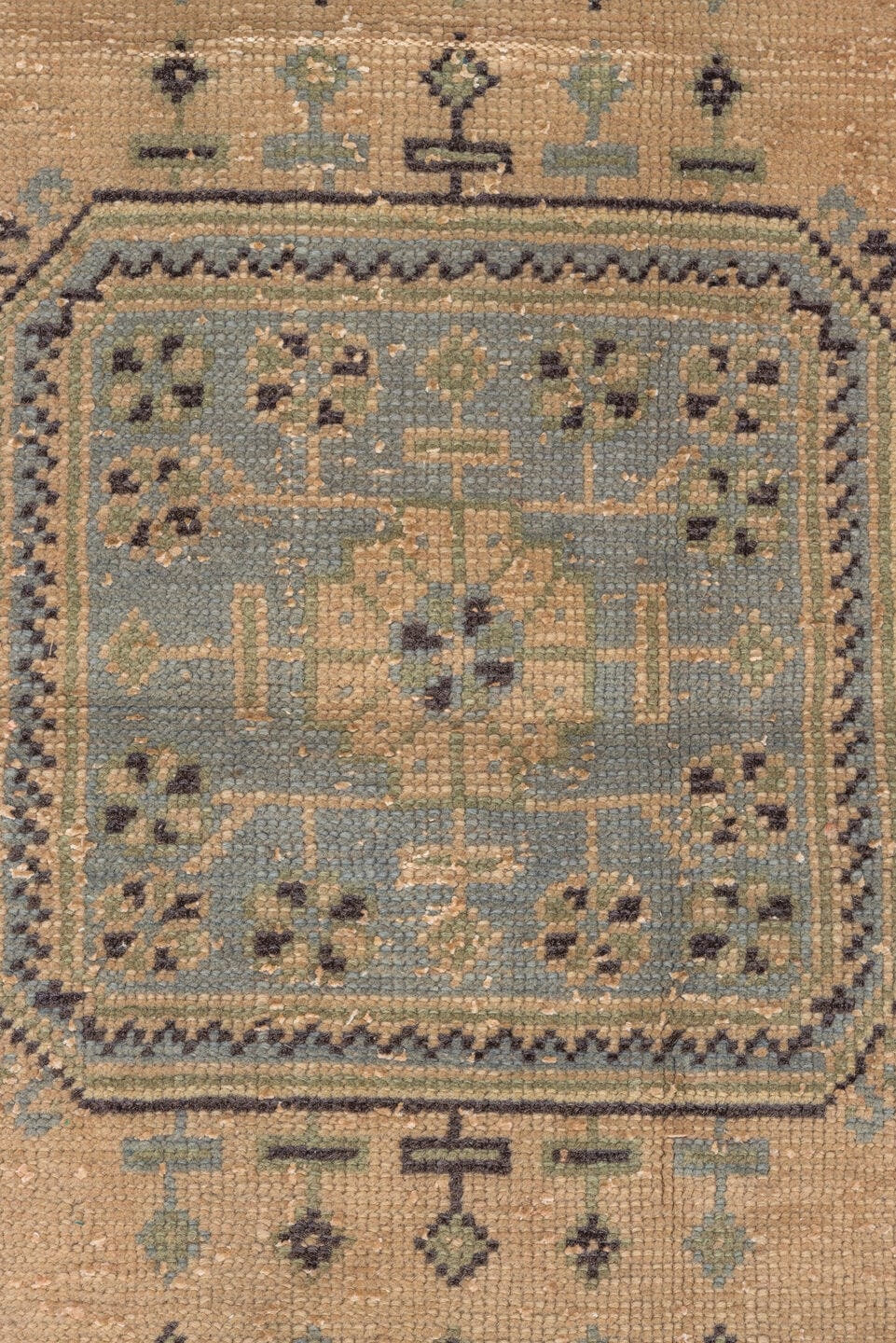 3' x 11' one-of-a-kind handmade vintage Oushak runner rug. Color palette: tan, brown, blue_gray, taupe, ivory, charcoal