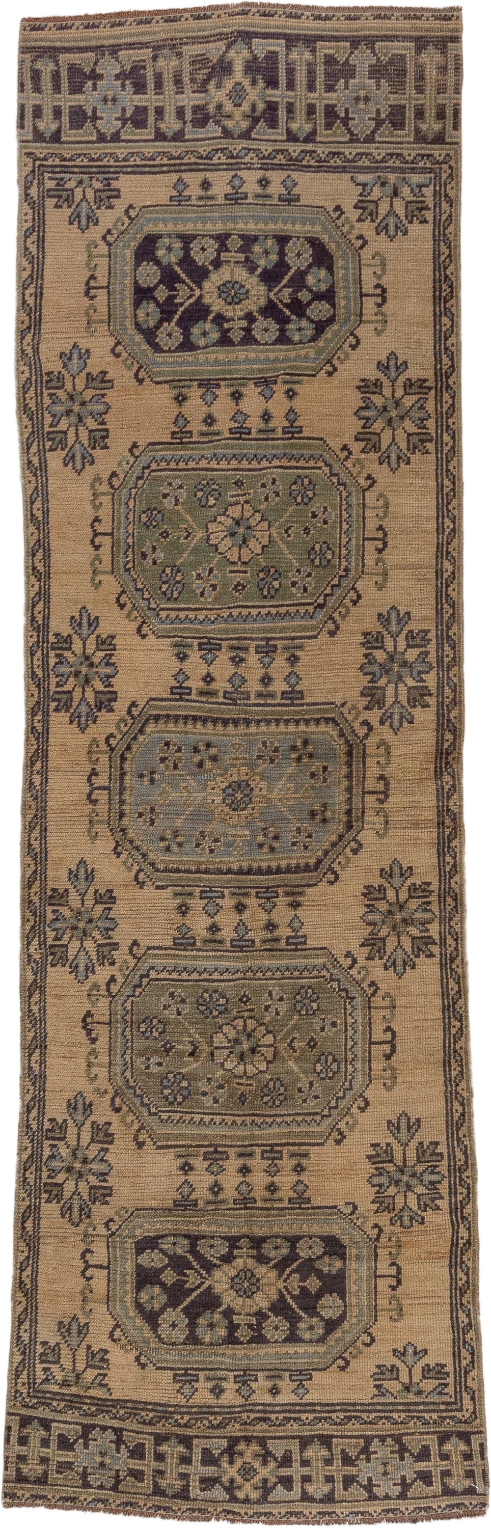 3' x 10' one-of-a-kind handmade vintage Oushak runner rug. Color palette: camel, taupe, brown, sage, slate, charcoal, olive