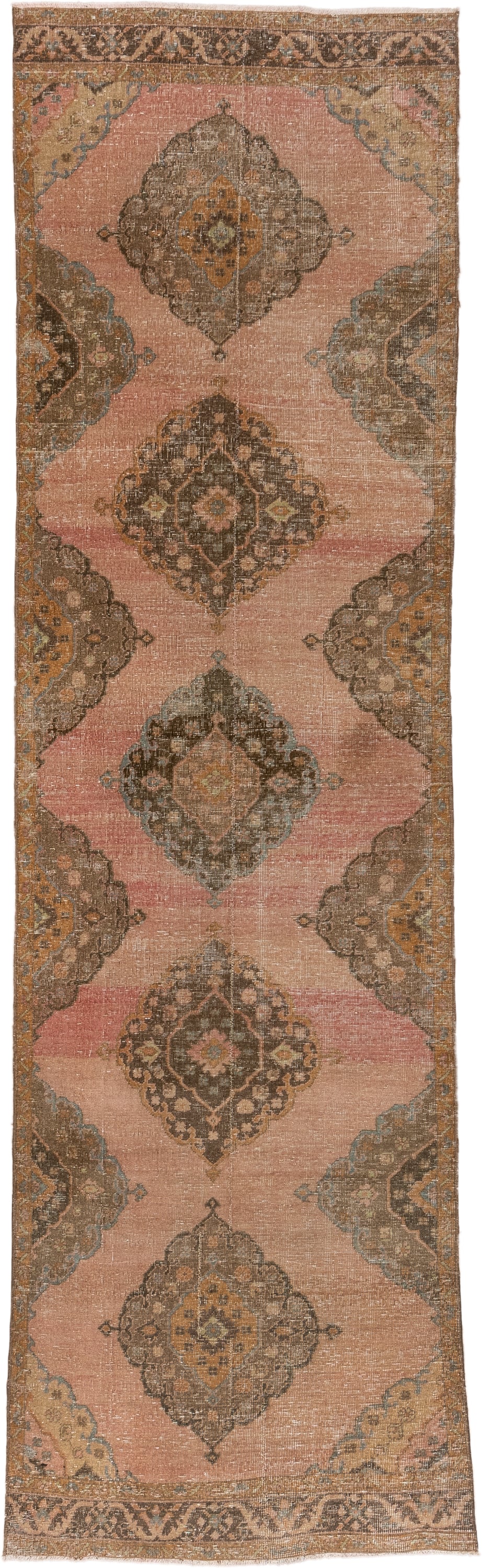 3' x 12' one-of-a-kind handmade vintage Oushak runner rug. Color palette: blush, taupe, brown, camel, slate, ivory, rust