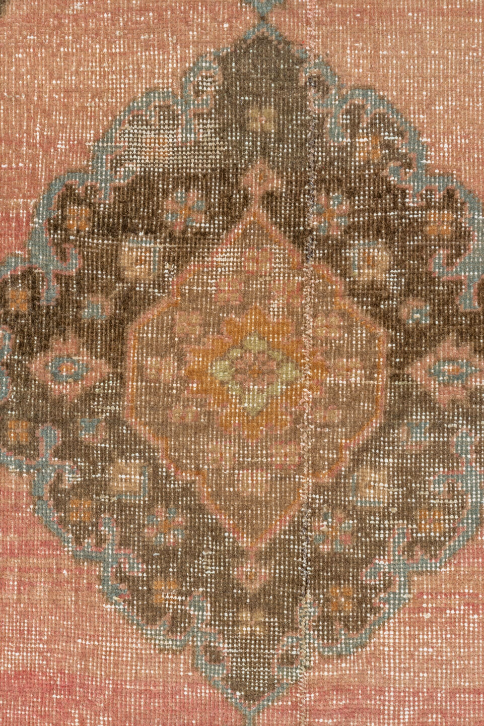 3' x 12' one-of-a-kind handmade vintage Oushak runner rug. Color palette: blush, taupe, brown, camel, slate, ivory, rust