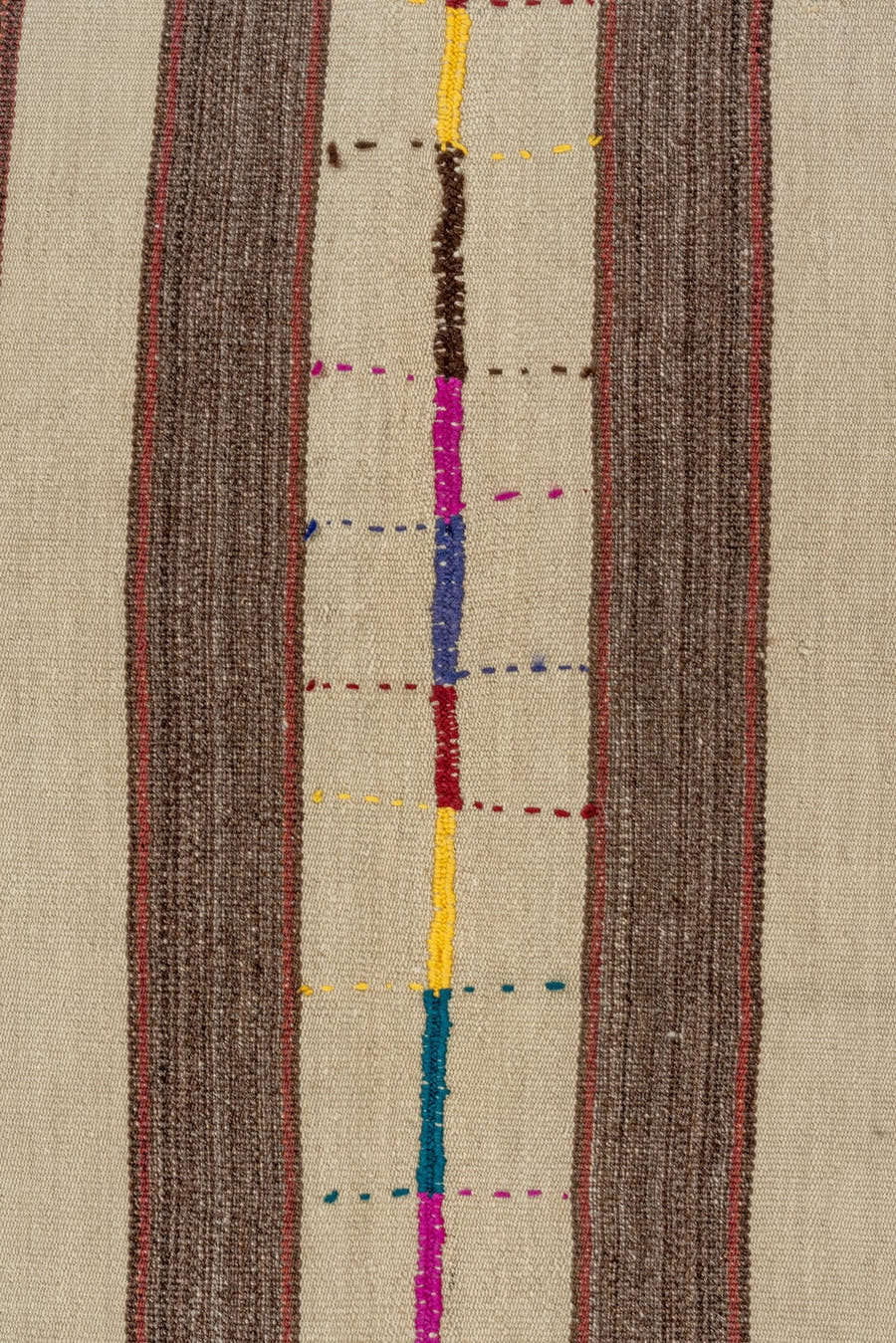 6' x 7' one-of-a-kind handmade vintage Kilim rug. Color palette: ivory, brown, taupe, charcoal, magenta, cobalt, gold, teal