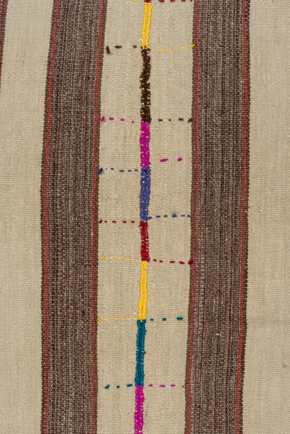 6' x 7' one-of-a-kind handmade vintage Kilim rug. Color palette: ivory, brown, taupe, charcoal, magenta, cobalt, gold, teal