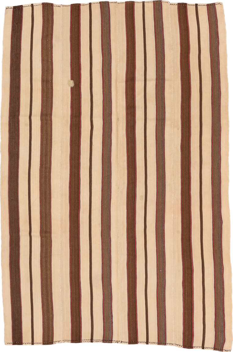 5' x 8' one-of-a-kind handmade vintage Kilim medium size rug. Color palette: ivory, brown, charcoal, rust, taupe, gray