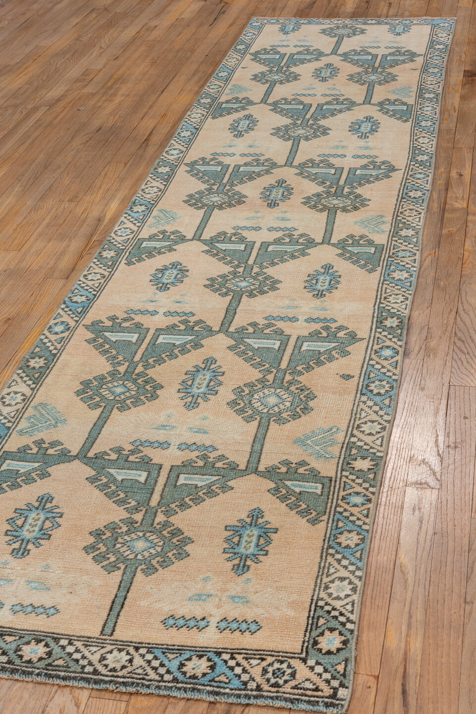 2' x 11' one-of-a-kind handmade antique Oushak runner rug. Color palette: ivory, aqua, taupe, beige, slate, camel, teal