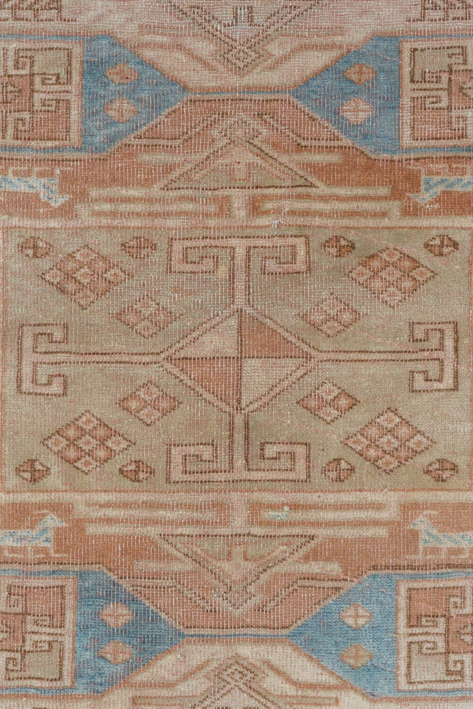 2' x 11' one-of-a-kind handmade antique Oushak runner rug. Color palette: ivory, blush, sky blue, taupe, camel, pink
