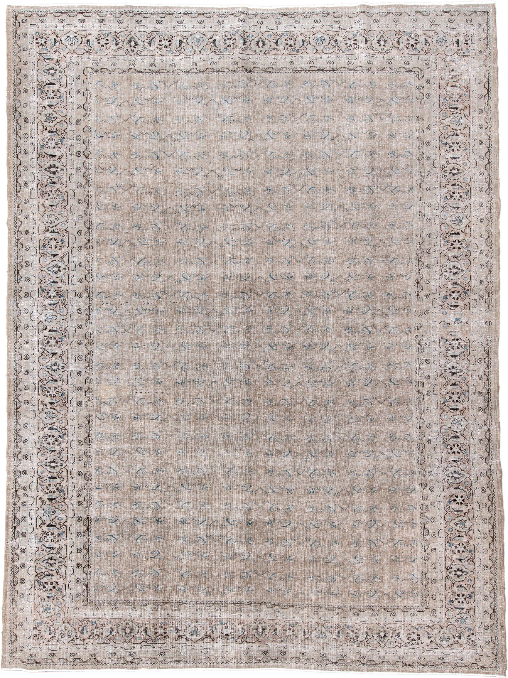 9' x 13' one-of-a-kind handmade vintage Mahal large size rug. Color palette: taupe, ivory, sky blue, charcoal, beige, cream