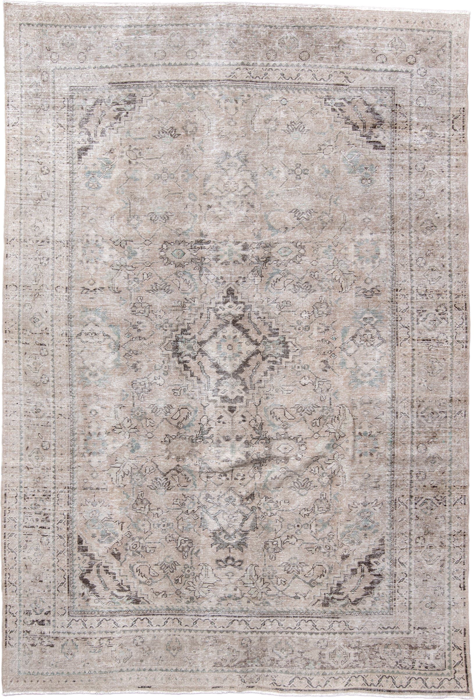 7' x 10' one-of-a-kind handmade vintage Mahal large size rug. Color palette: ivory, taupe, beige, pale blue, gray, charcoal