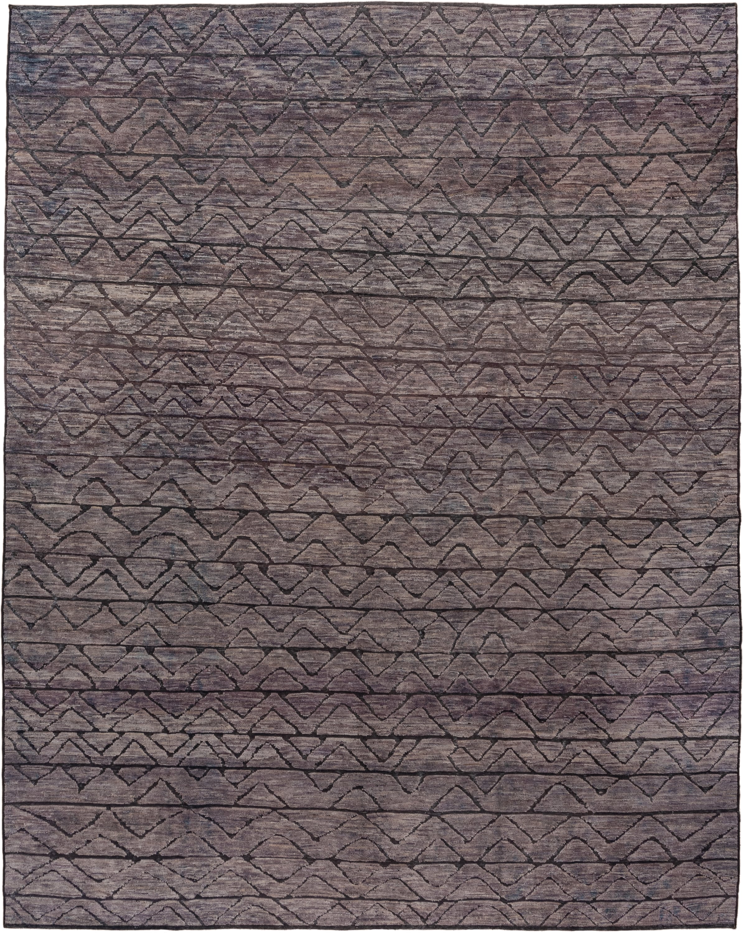 9' x 11' one-of-a-kind handmade vintage Tulu large size rug. Color palette: taupe, charcoal, slate, mauve, brown, beige