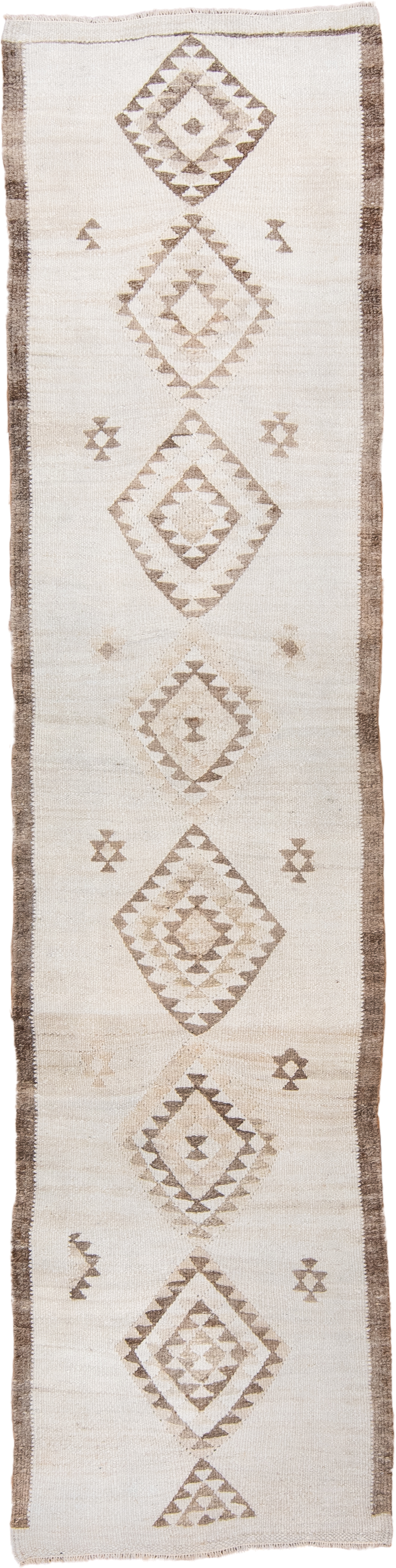 2' x 11' one-of-a-kind handmade antique Kilim runner rug. Color palette: ivory, taupe, brown, beige, gray