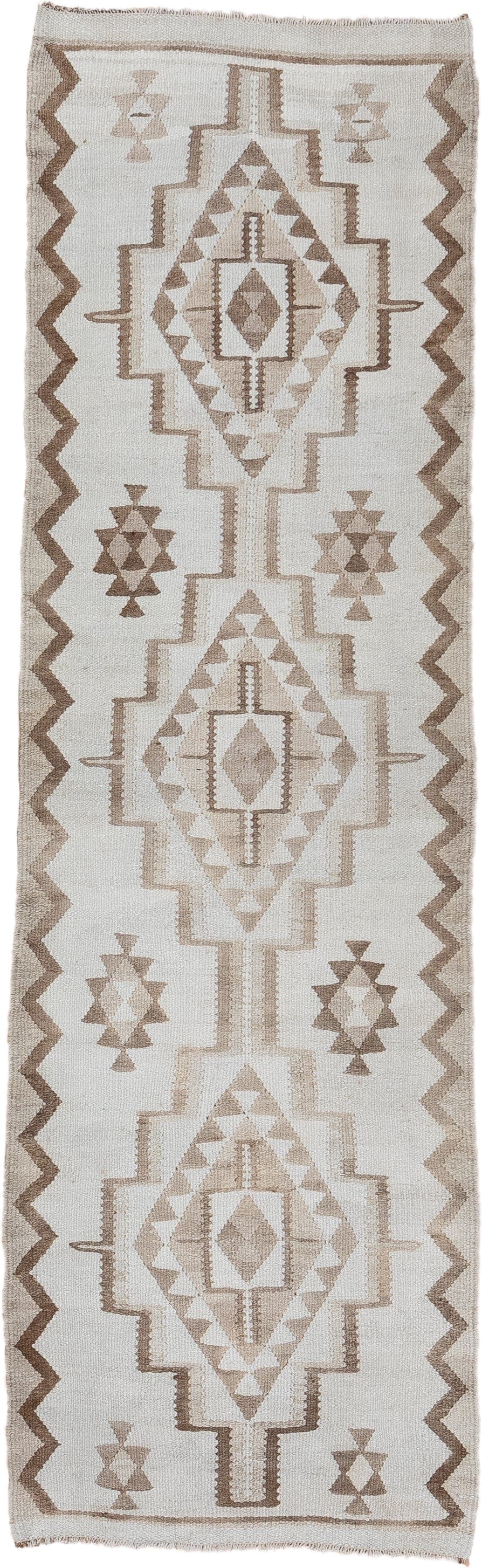 2' x 8' one-of-a-kind handmade antique Kilim runner rug. Color palette: ivory, taupe, camel, beige, gray