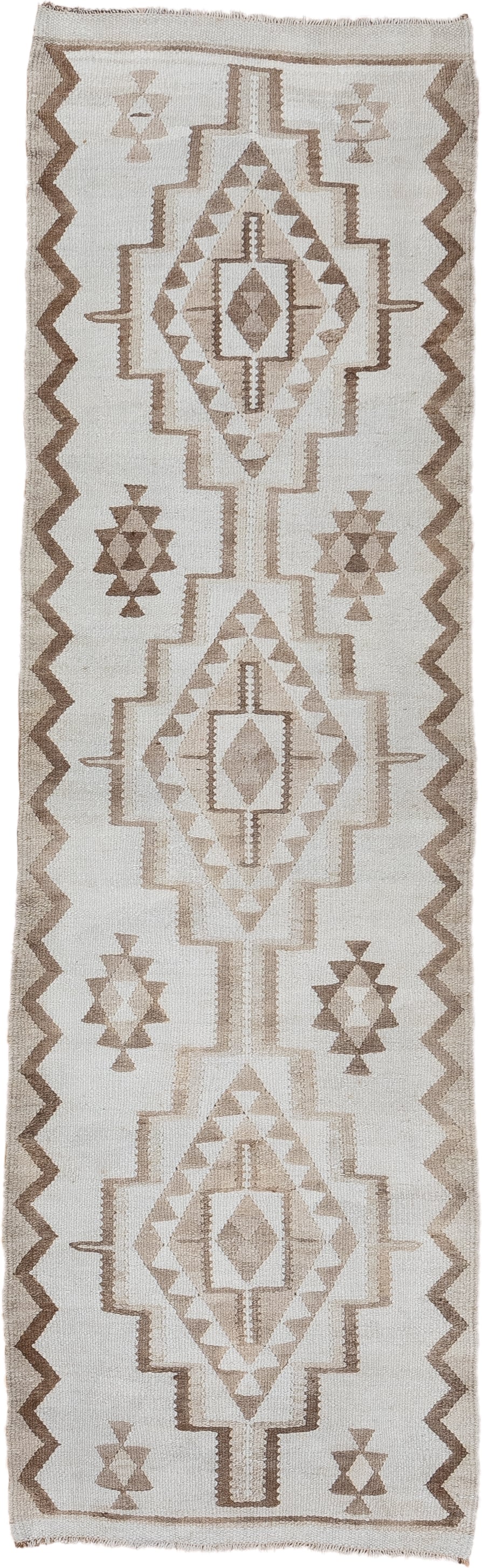 2' x 8' one-of-a-kind handmade antique Kilim runner rug. Color palette: ivory, taupe, camel, beige, gray
