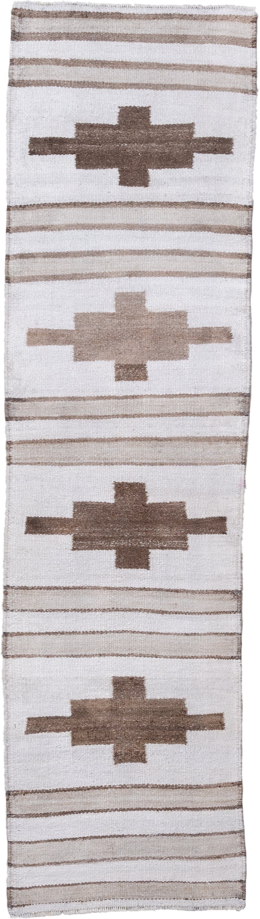 2' x 10' one-of-a-kind handmade antique Kilim runner rug. Color palette: ivory, taupe, camel, brown, beige, gray