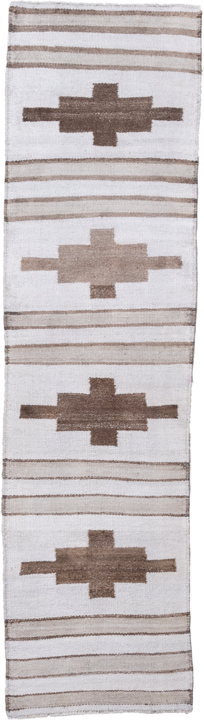 2' x 10' one-of-a-kind handmade antique Kilim runner rug. Color palette: ivory, taupe, camel, brown, beige, gray