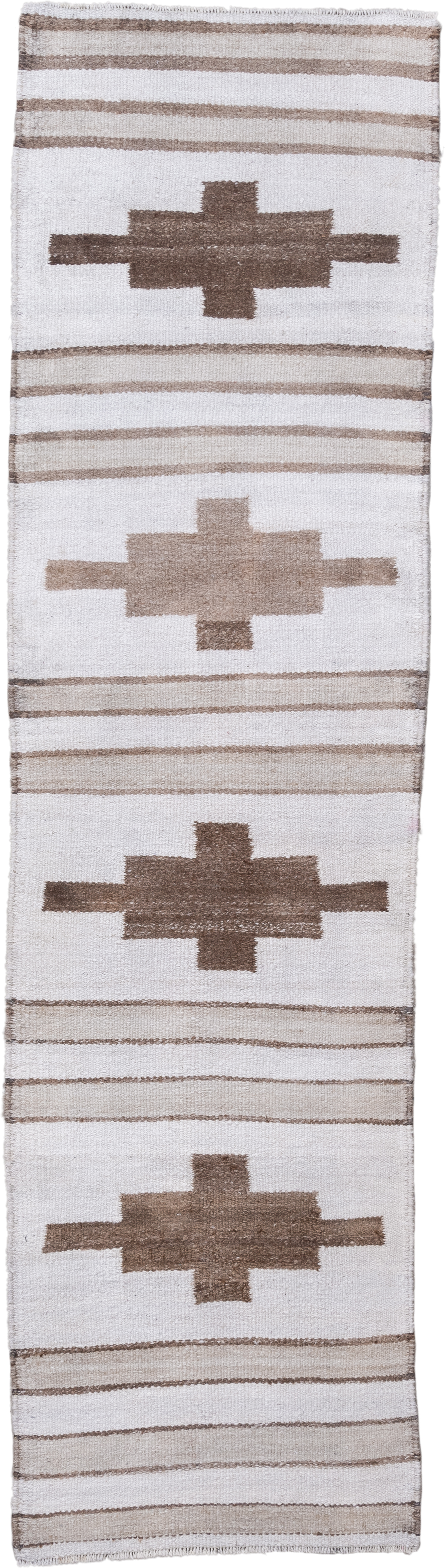 2' x 10' one-of-a-kind handmade antique Kilim runner rug. Color palette: ivory, taupe, camel, brown, beige, gray