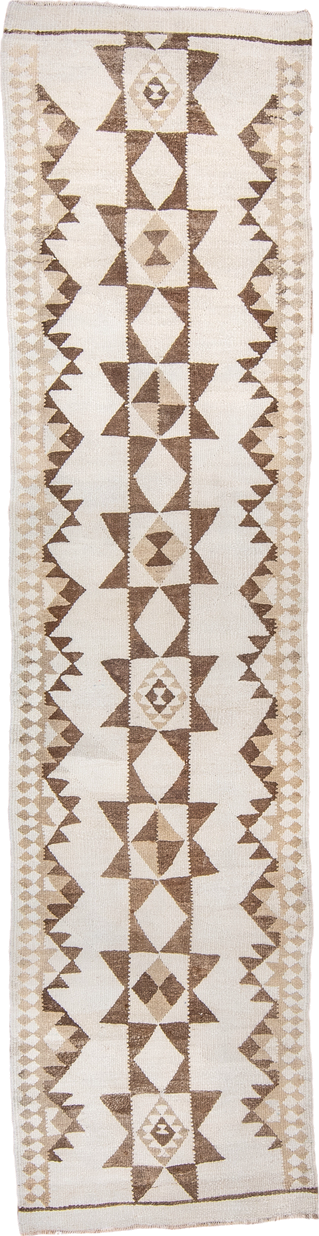2' x 11' one-of-a-kind handmade antique Kilim runner rug. Color palette: ivory, taupe, camel, beige, gray