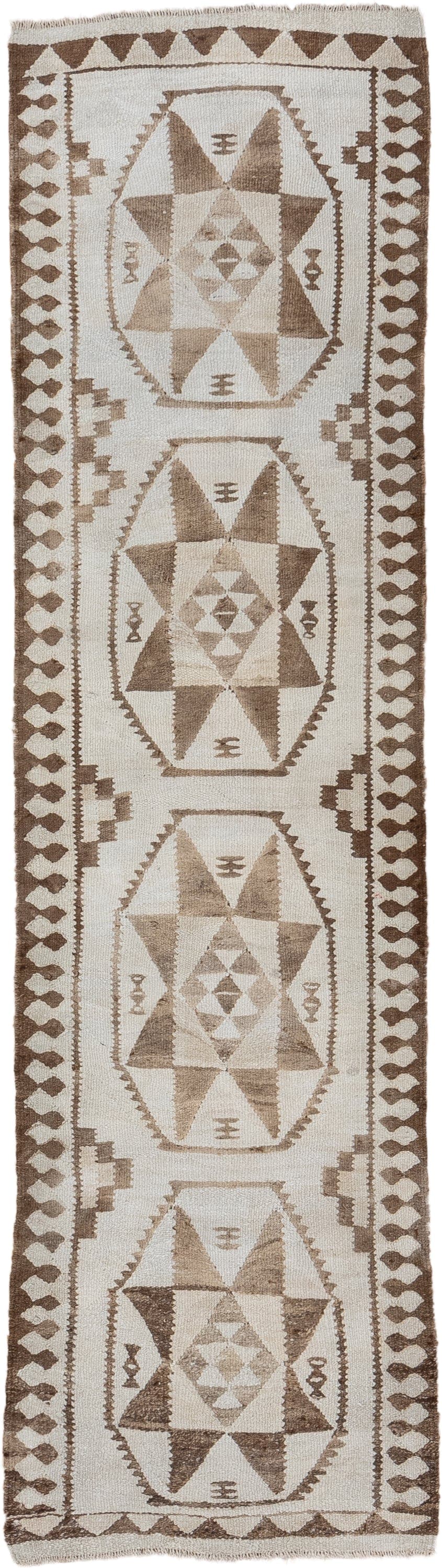 2' x 9' one-of-a-kind handmade antique Kilim runner rug. Color palette: ivory, taupe, brown, camel, beige, gray
