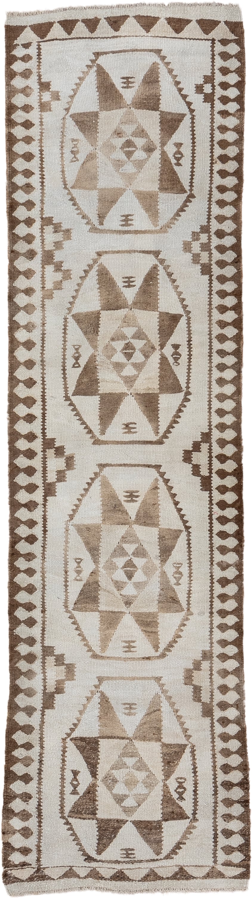 2' x 9' one-of-a-kind handmade antique Kilim runner rug. Color palette: ivory, taupe, brown, camel, beige, gray